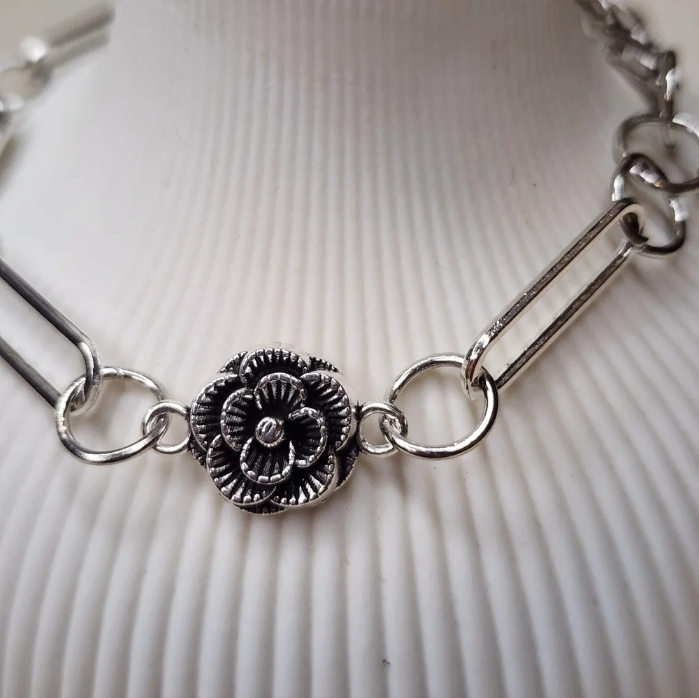 Vintage Style Silver Rose Paperclip Chain Bracelet